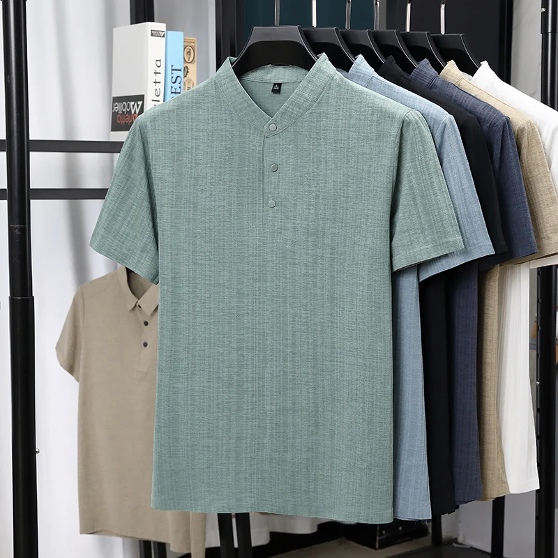 Summer Clothing Line - Heren overhemden met mandarijnkraag, halve knoopsluiting,