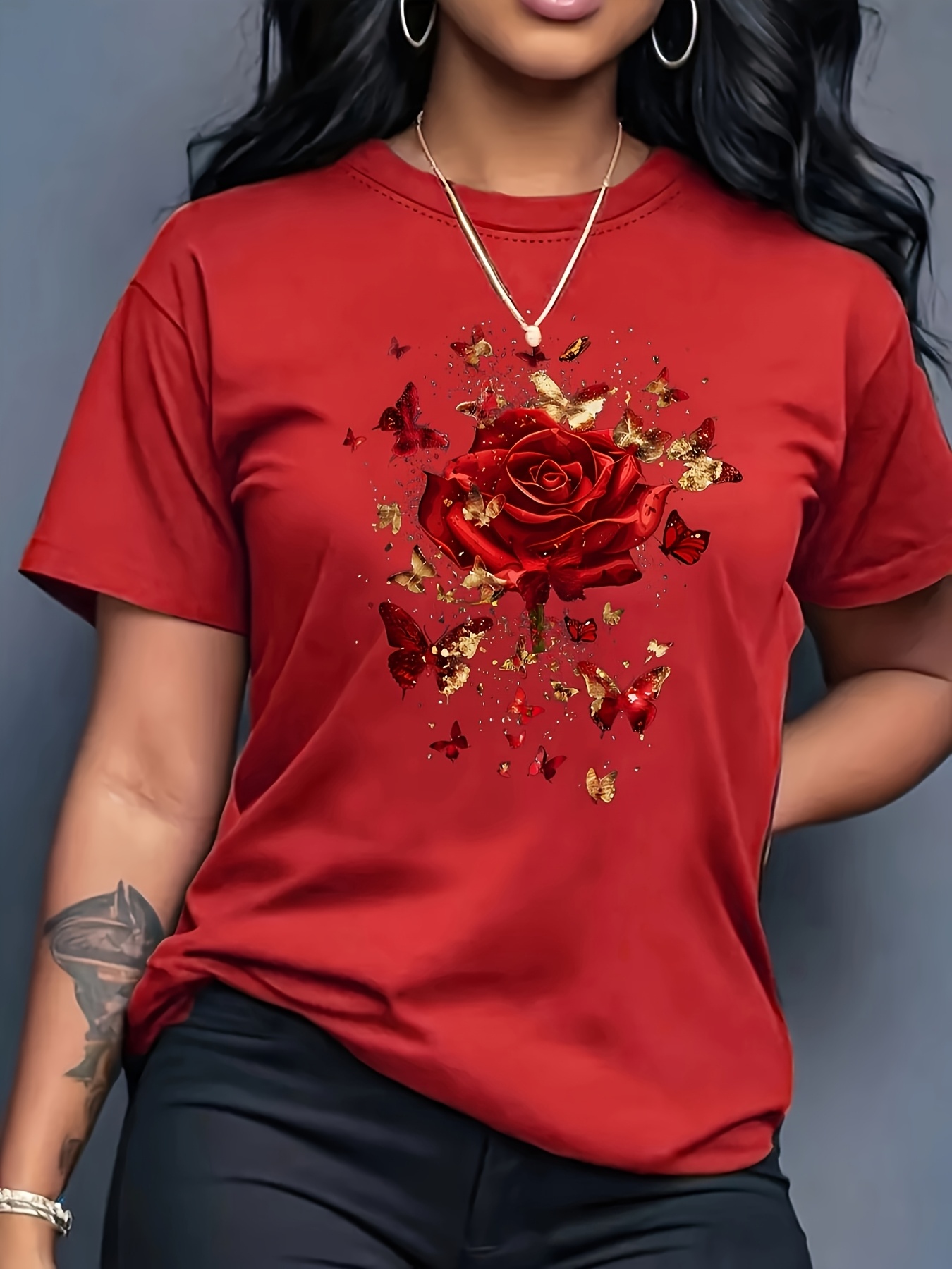 Summer Rose Clothing - Dames Casual Sport T-shirt Bloemen Rode