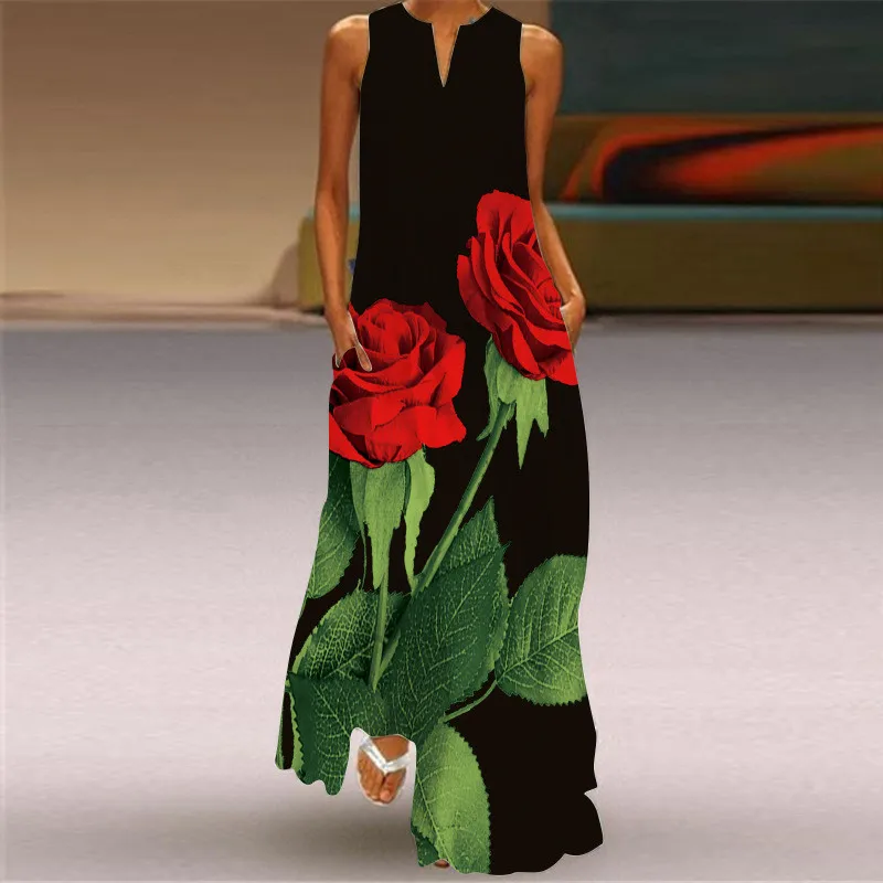 Summer Rose Clothing - Rode Roos Print Lange Jurk Voor